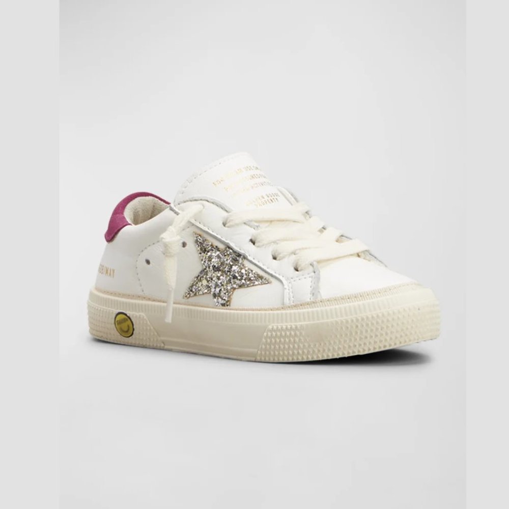 Golden Goose White Sneakers with Silver Glitter Star and Pink Heel